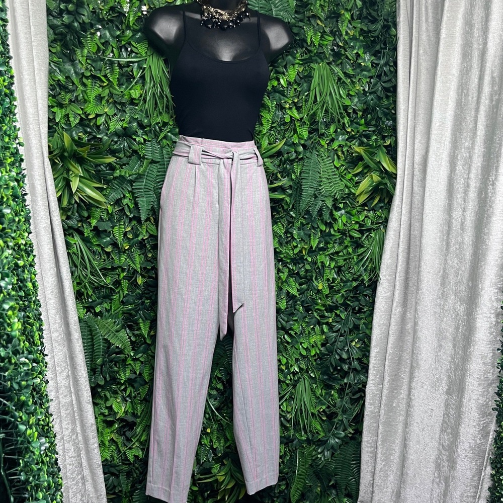 Express Pants Size 2L Pink Gray Ankle High Rise Striped Paperbag Waist 3430 - Picture 3 of 11